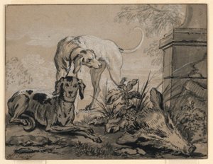 Desenho, Depois da Caça: Dois Cães de Caça ao lado de uma Cabeça de Javali, 1740 de Jean Baptiste Oudry