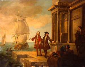 Europa - Comerciantes europeus com estivadores que manuseiam um barril e um fardo em um cais, 1724 de Jean Baptiste Oudry