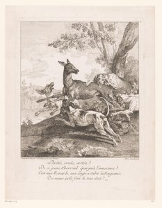 Estagiário emboscado por cães de caça
Arétés, cruzeiros, arétéz (...) (título sobre o objecto)
Cenas de caça (título da série) de Jean Baptiste Oudry