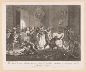 Interior com groep vechtende mensen Renovação da luta onde dois servos recebem tapas nas nádegas (título no objeto) Cenas de Roman Comique van Scarron (título da série) de Jean Baptiste Oudry