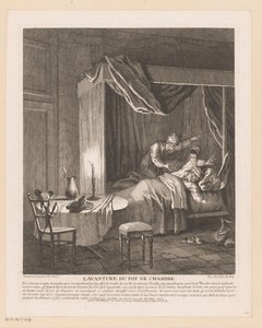 Homem acorda assustado com penico sendo esvaziado sobre ele Lavanture du pot de chambre (título no objeto) Cenas de Roman Comique de Scarron (título da série) de Jean Baptiste Oudry
