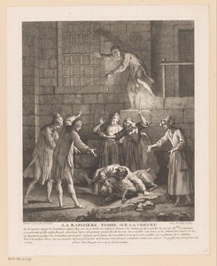 Homem valt bovenop een geit La Rapinière cai sobre a cabra (título no objeto) Cenas de Roman Comique van Scarron (título da série) de Jean Baptiste Oudry