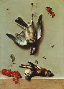 Natureza morta com três pássaros mortos, groselhas, cerejas e insetos de Jean Baptiste Oudry