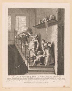 Ragotin conheceu twee ladys op een trap Péssimo sucesso que a civilidade de Ragotin teve (título sobre objeto) Cenas de Roman Comique van Scarron (título da série) de Jean Baptiste Oudry