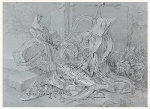 Natureza morta com peixe e papagaio de Jean Baptiste Oudry
