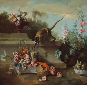 Natureza morta com macaco, frutas e flores de Jean Baptiste Oudry