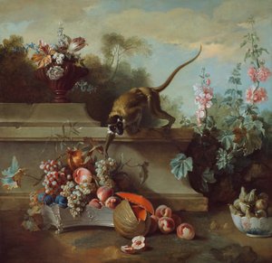 Natureza morta com macaco, frutas e flores, 1724. de Jean Baptiste Oudry