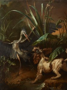 Spaniel de água em confronto com uma garça de Jean Baptiste Oudry