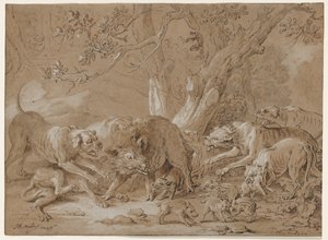 Porca selvagem e seus jovens atacados por cães, 1748. de Jean Baptiste Oudry