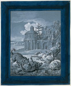 Lobos atacam ovelhas ("Rein de Trop II") de Jean Baptiste Oudry