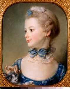 Retrato de uma menina com um gato - A menina tem uma fita e um véu leve no pescoço com um nó e acaricia a cabeça de um gato com a ponta dos dedos - Pintura em pastel de Jean-Baptiste Perroneau (Jean Baptiste Perronneau) (1715-1783) 18 cêntimos