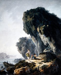 Uma Paisagem Costeira com Figuras sobre uma Rocha (óleo sobre tela) de Jean Baptiste Pillement