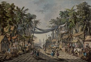Cena de mercado num porto oriental imaginário de Jean Baptiste Pillement
