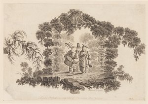Três figuras tocando instrumentos musicais, da "Coleção de vários jogos infantis chineses" de Jean Baptiste Pillement
