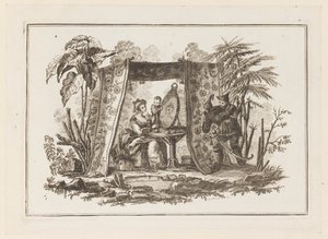 Mulheres Olhando no Espelho, de "Novo Caderno de Seis Folhas de Diferentes Assuntos Chineses Históricos" de Jean Baptiste Pillement