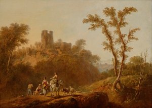 Paisagem montanhosa arborizada com camponeses (óleo sobre tela) de Jean Baptiste Pillement