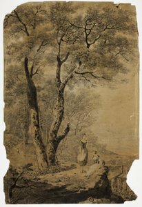 Paisagem arborizada com duas mulheres em primeiro plano de Jean Baptiste Pillement