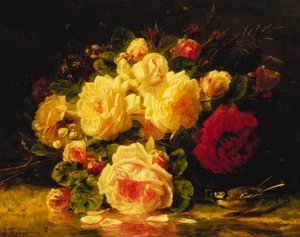 Rosas com um tit azul por um fluxo,