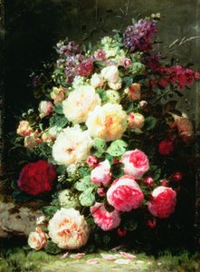 Natureza morta com rosas em um banco musgoso (óleo no painel)