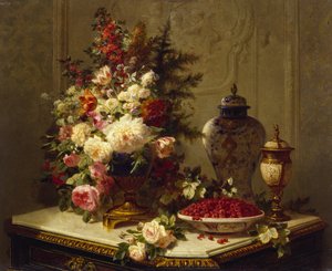 Natureza morta com flores e framboesas (óleo no painel)