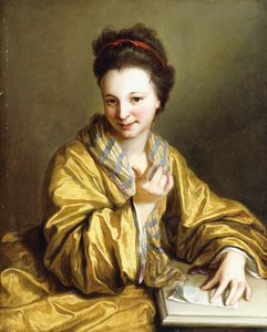 Uma jovem, vestindo uma túnica amarela, sentada à mesa, acenando, 1703 de Jean-Baptiste Santerre