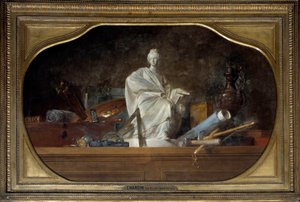 Os atributos da Alegoria das Artes com ferramentas de escultor, estatueta. Pintura de Jean Baptiste Simeon Chardin (1699-1779) 1765 Sol. 0,91x1,45 m de Jean Baptiste Simeon Chardin