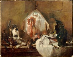 A natureza morta patina de peixes, ostras, jarras. Pintura de Jean Baptiste Simeon Chardin (1699-1779) 1727 Sol. 1,14 x 1,46 m Paris. Museu do Louvre de Jean-Baptiste Simeon Chardin