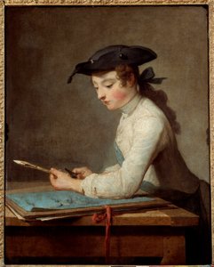 Um jovem caricaturista a esculpir o seu lápis. Pintura de Jean Baptiste Simeon Chardin (1699-1779) de Jean Baptiste Simeon Chardin