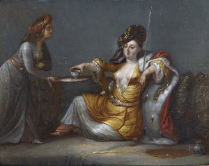 "A Sultana tomando café" (La sultana prenant son café simultâneo) Pintura da escola de Jean Baptiste (Jean-Baptiste) Vanmour (Van Mour) (1671-1737) Coleção particular de Jean Baptiste Vanmour