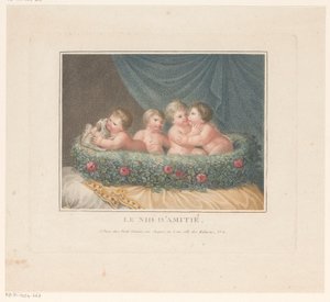 Quatro putti com um cão num cesto de rosas sobre uma almofada
Le Nid d