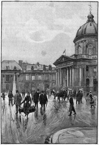 A cena parisiense no século XIX: a margem esquerda com o Institut de France. Gravura de Florian a partir da pintura de Beraud. Final do século XIX. Em "As capitais do mundo": Paris". de Jean Beraud