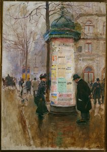 O quiosque Morris - pilar publicitário em Paris (pintura sobre tela) de Jean Beraud