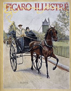 Mulher conduzindo uma carruagem com homem sentado ao lado - cobertura em "Figaro Illustré". de Jean Beraud