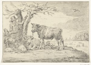 Agricultor de pé por uma cerca com gado de Jean Bernard