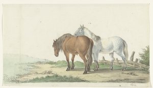 Um cavalo marrom e branco em uma estrada ao lado de uma cerca de Jean Bernard