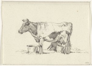 Vaca em pé, com balde de leite e fezes de leite de Jean Bernard