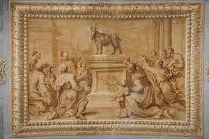 Falsos relevos dourados, com o bode colocado no altar historiado e rodeado de personagens em adoração.