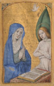 Folha do manuscrito com a Anunciação de um Livro de Horas, ca. 1485-90. de Jean Bourdichon