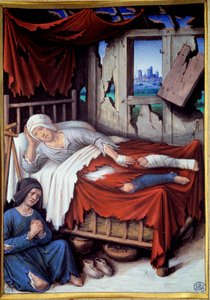A morte de um homem pobre. Uma mulher à beira da cama de um homem a morrer, reza. Pintura de Jean Bourdichon (v.1457-1521)