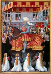 A entrada triunfal do Rei Luís XII (1462-1515) aos Genes em Abril de 1507 Miniatura tirada de "Le voyage a Genes" de Jean Marot (1450-1526), alistada por Jean Bourdichon (1457-1521) 1508. Paris, B.N.
