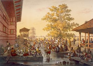 Cena de lazer em Pinarbasi, um bairro de Bursa. Um contador de histórias entretém o público, de Souvenirs de Constaninople, pub. 1845