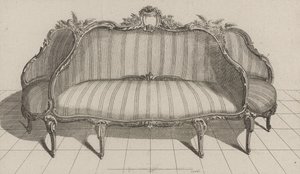 Canapé à Jouë dans le gout Pictoresque, publicado em meados da década de 1770 (gravura em papel vegetal) de Jean Charles (after) Delafosse