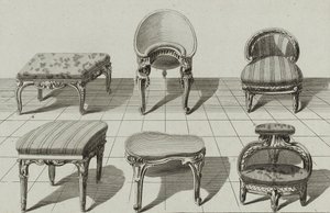 Tabourets, Bidets de Toilette, Marchepied, publicado em meados da década de 1770 (gravura em papel vegetal) de Jean Charles (after) Delafosse