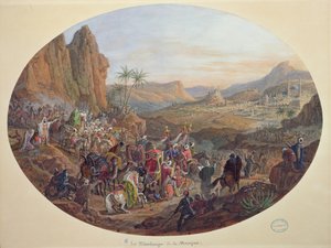 Desenho para um conjunto de placas representando "A Peregrinação a Meca", para a Fabricação de Sevres, c.1839-40 (guache sobre papel) de Jean Charles Develly