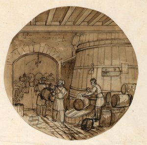 Desenho, Projeto para uma placa de porcelana pintada, Interior de uma destilaria de vinho, 1831-44 de Jean Charles Develly