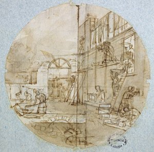 Oficina do Mason, design de placa para um serviço que descreve diferentes ofícios, c.1820-35 (caneta e tinta e lavagem e guache sobre papel) de Jean Charles Develly