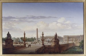 Praça da Concórdia, vista do terraço à beira-mar; o Rei Louis-Philippe atravessa a praça numa carruagem, 1846 (óleo sobre tela) de Jean Charles Geslin