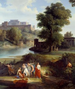 Odisseu de Homere: "Ulisses vê Nausicaa, filha do Rei Alcinoos, a jogar à bola com os seus seguidores" Detalhe. Pintura de Jean Charles Remond (1795-1875) 1830 Nantes, Musee des Beaux Arts de Jean Charles Joseph Rémond