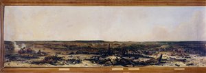Campanha da Rússia: "Panorama da Batalha de Moscova em 7/09/1812". A Batalha de Moskova (também Batalha de Borodino) entre os franceses de Napoleão I Bonaparte (1769-1821) e o exército russo imperioso liderado por Mikhail Golenichchev Kutuzov (Golenishchev