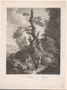 Soldados descansando em frente a uma árvore em uma paisagem rochosa Les soldats en repos (título no objeto) de Jean Charles Levasseur